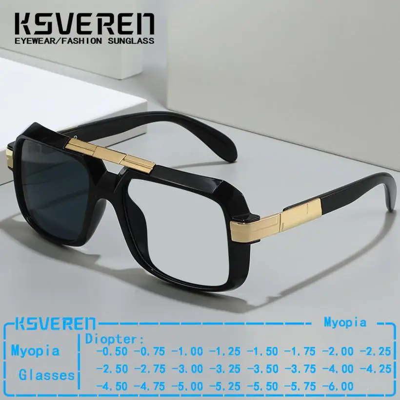 Thick Frame Double Bridge Photochromic Myopia Glasses Men Finished Prescription Eyewear Discolored Glasses Negative Diopters