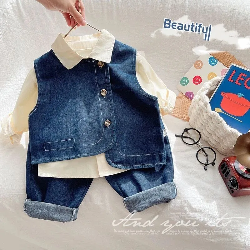 

80-120cm Baby Boys' Spring and Autumn Set New Fashionable Children's Cowboy Vest Jeans Three Piece Set Trendy