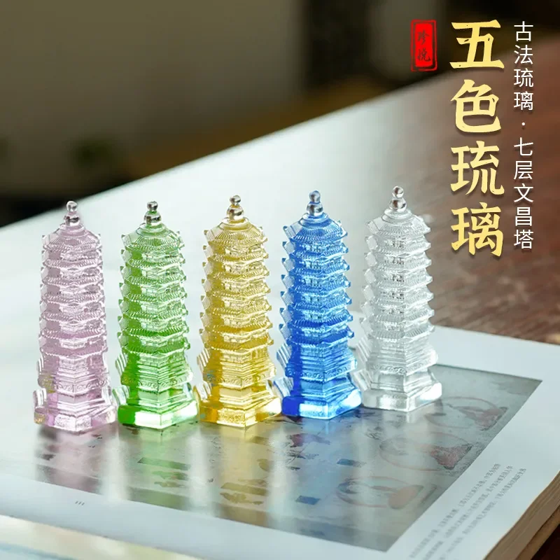 7 Layer Glazed Wenchang Tower Ornament Five Color Ceramic Pagoda Statue for Study Living Room Home Decor Gift Feng Shui