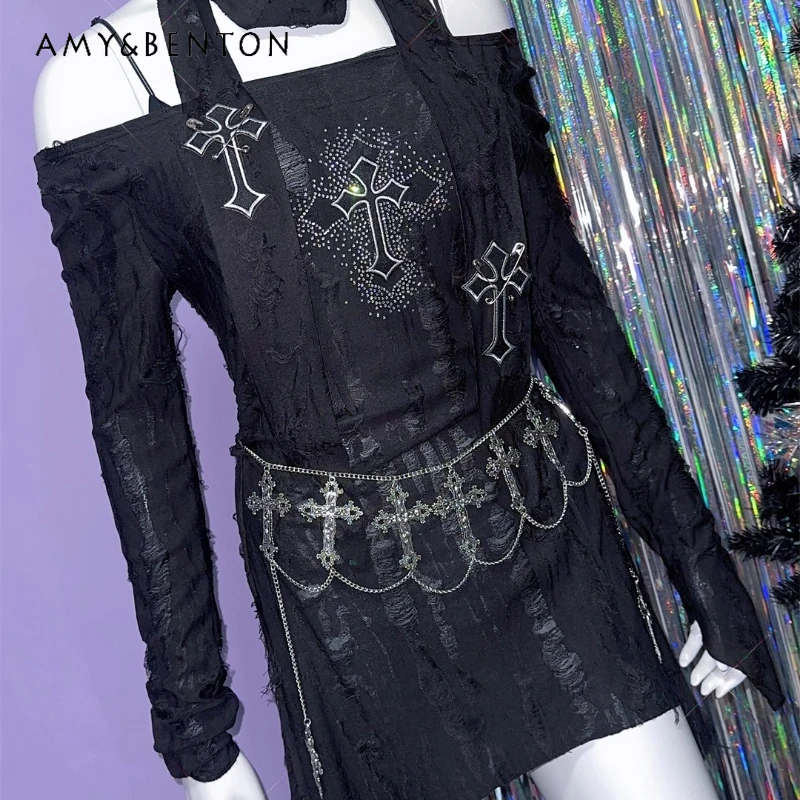 

European American Y2K Hot Girl Punk Rock Long Sleeve Women's T-Shirt Autumn New Sweet Cool Sexy Irregular Waist Chain Top Ladies