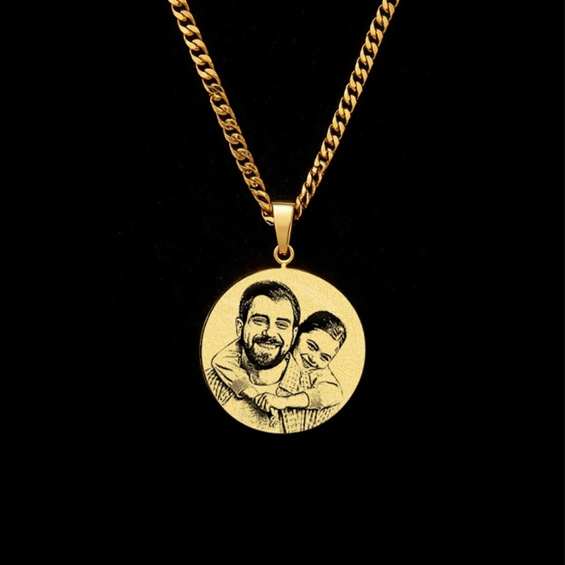 Customized Cuban Chain Necklace Personalized Laser Engraved Portrait Photo Couple Memorial Pendant Necklace Gift For Boyfriend