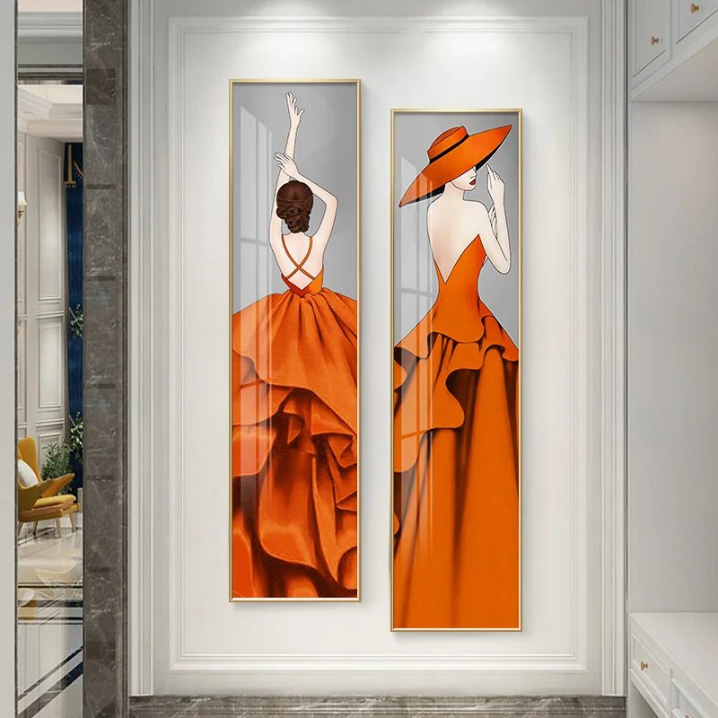 

Sexy Fashion Woman Luxury Poster with Frame Orange Dress Figure Wall Art Canvas Painting Masked Girl Picture for Living Room