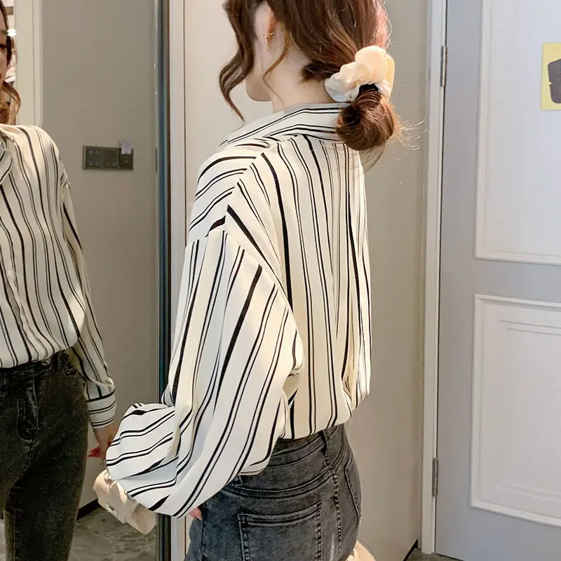 Summer Thin Sunscreen Striped Chiffon Shirt Women's New Korean Loose Turn Down Collar Blouse S-3XL
