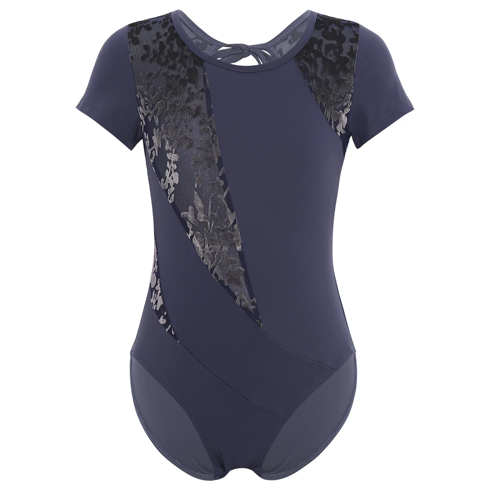 

Kids Girls Ballet Practice Performance Costume Round Neck Short Sleeve Cutout Back Velvet Printed Mesh Patchwork Dance Leotard