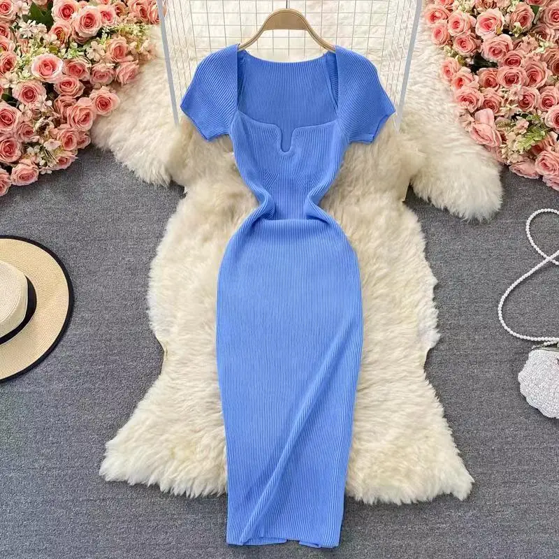 2024 Elegant Square Neck Short Sleeve Slim Fit Knitted Bodycon Dress Long Midi Dress Y2K Vestidos De Fiesta