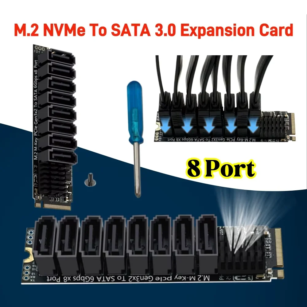 M.2 PCIE To SATA Expansion Card ASM1166 6Gbps 8 Port M.2 To SATA Adapter with Smart Indicator Tools Included for Desktop PC