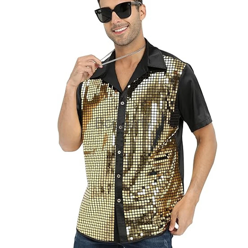 2024 New Men's Retro 70s Disco Nightclub Shirt Sparkly Sequins Party Dance Costume Summer Short Sleeve Single Breasted Shirts