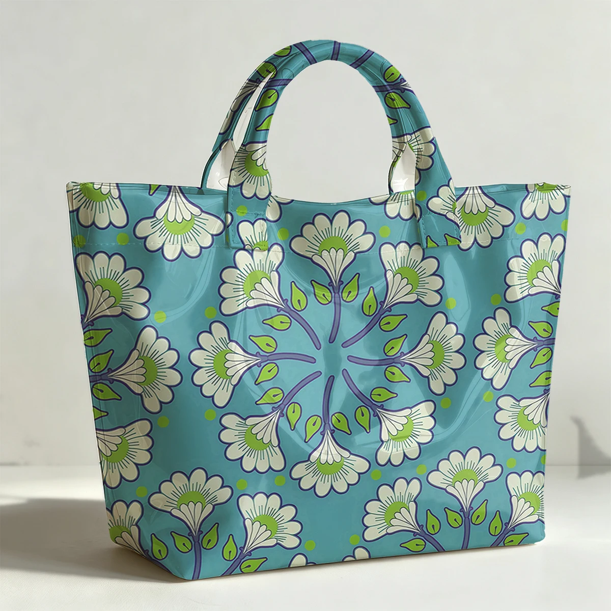 Blue Floral PVC Tote Bag Waterproof Transparent Jelly Bag Beach Bag Tote Pouch Bow Handbags Storage Bag