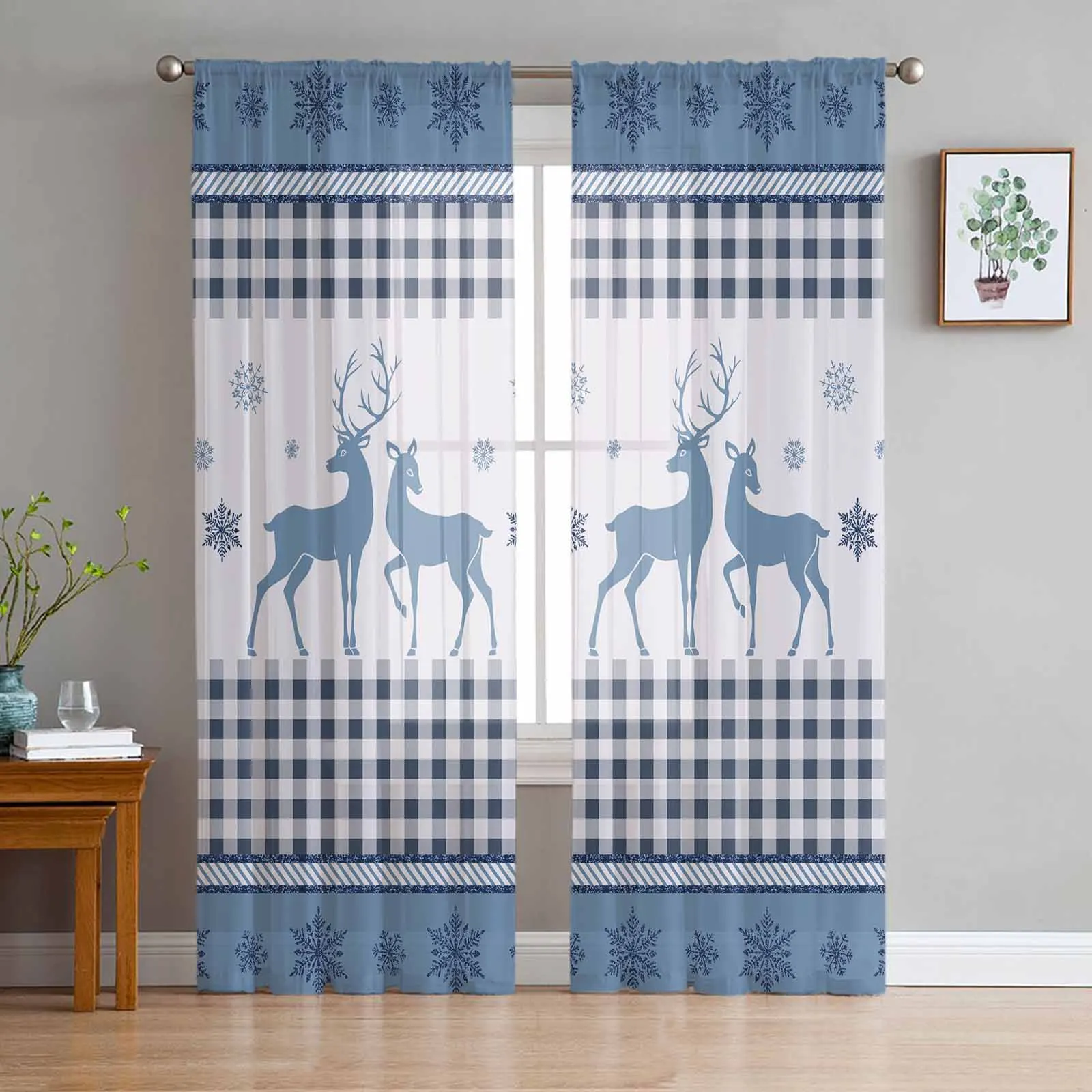 Christmas Deer Snowflake Bule Plaid Sheer Curtains Bedroom Living Room Decoration Window Curtain Kitchen Tulle Voile Drapes