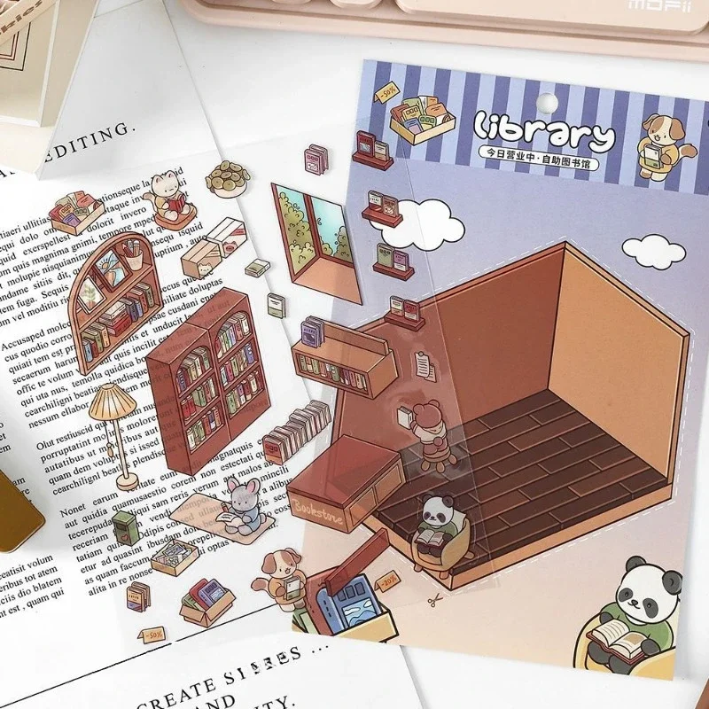 4 Packs/bag Cartoon 3D Landscaping Mini Stickers Cute Stores Scence Pocket DIY Stickers Attention Training Gift Scrapbooking