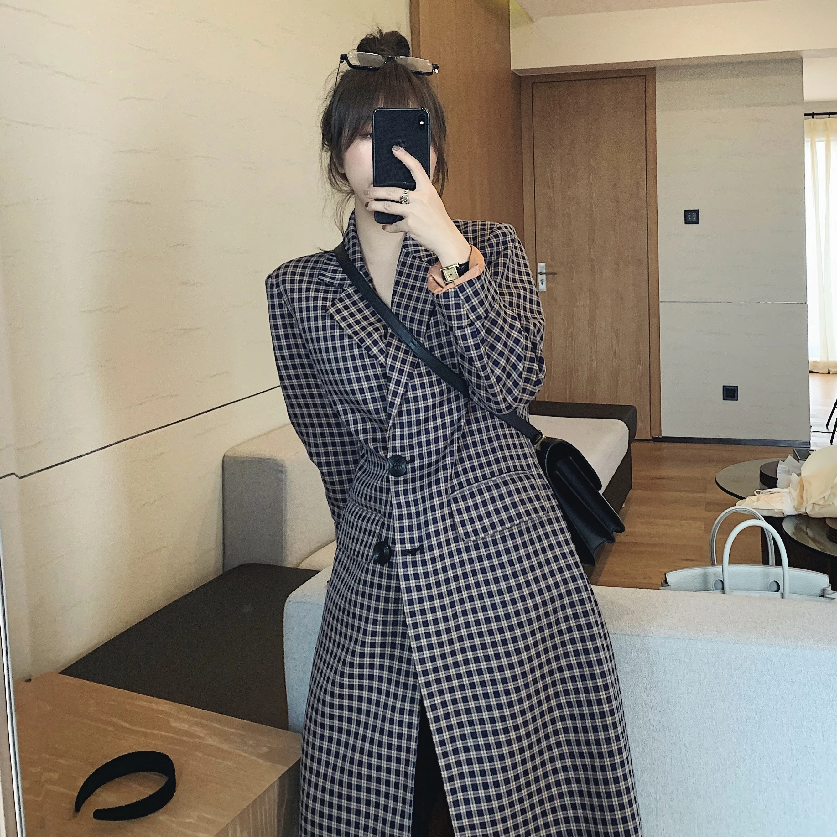 

Модный клетчатый пиджак для женщин, весенняя одежда, пальто свободного кроя, удлиненное, из полиэстера