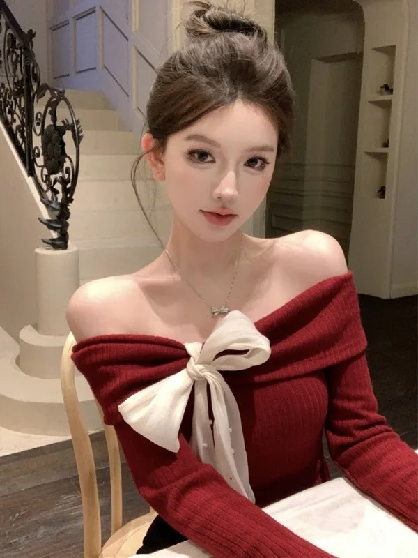 

Sexy Knot Long Sleeve Short Shoulder Bared One Shoulder Bodycon Knitted T Shirt for Women Autumn Winter Fashion Trend