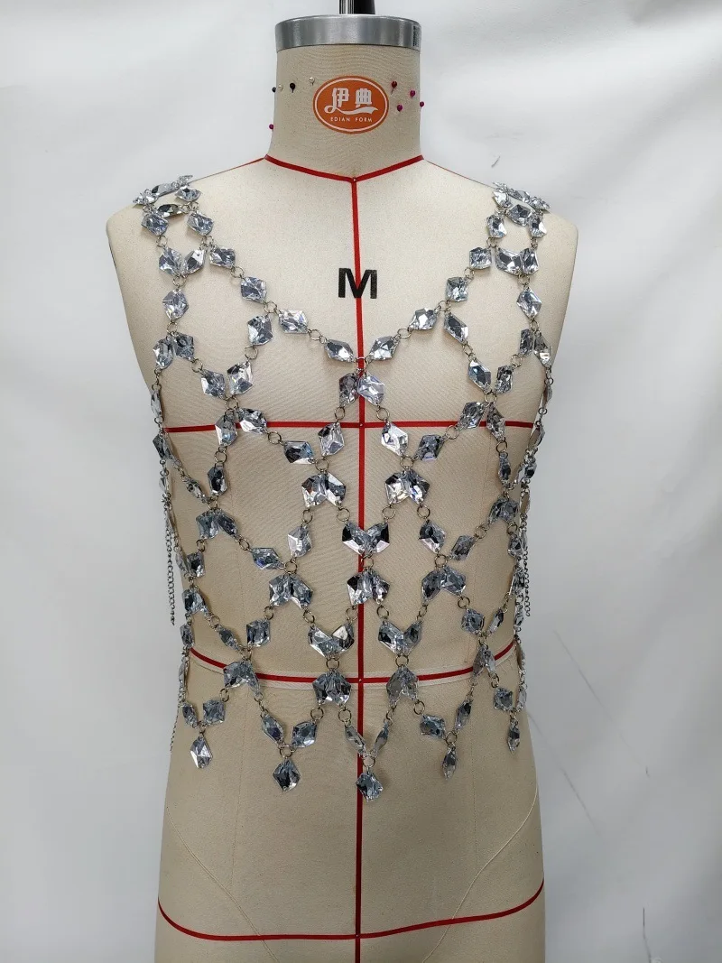 european-and-american-heavy-industry-metal-chain-woven-men's-vest-sequins-tassel-hollow-stage-nightclub-runway-body-top