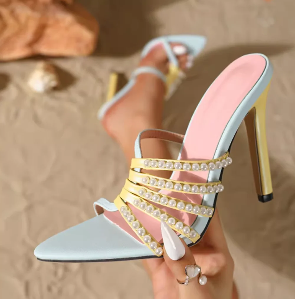 

Summer Color-Blocked Pointed-Toe Stiletto Sandals Multi-Strap Design Pearl Accents Elegant Open-Toe High-Heeled Women's Sandals