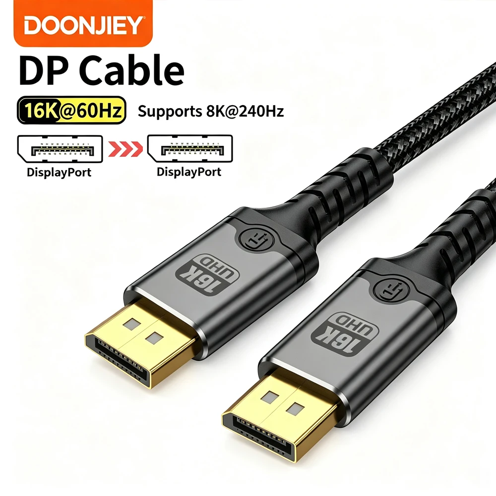DOONJIEY 16K DP 2.1 Cable Display Port Male to Male 8K@120Hz 4K@240Hz 80Gbps HDR Video Audio Displayport Cable for TV Laptop