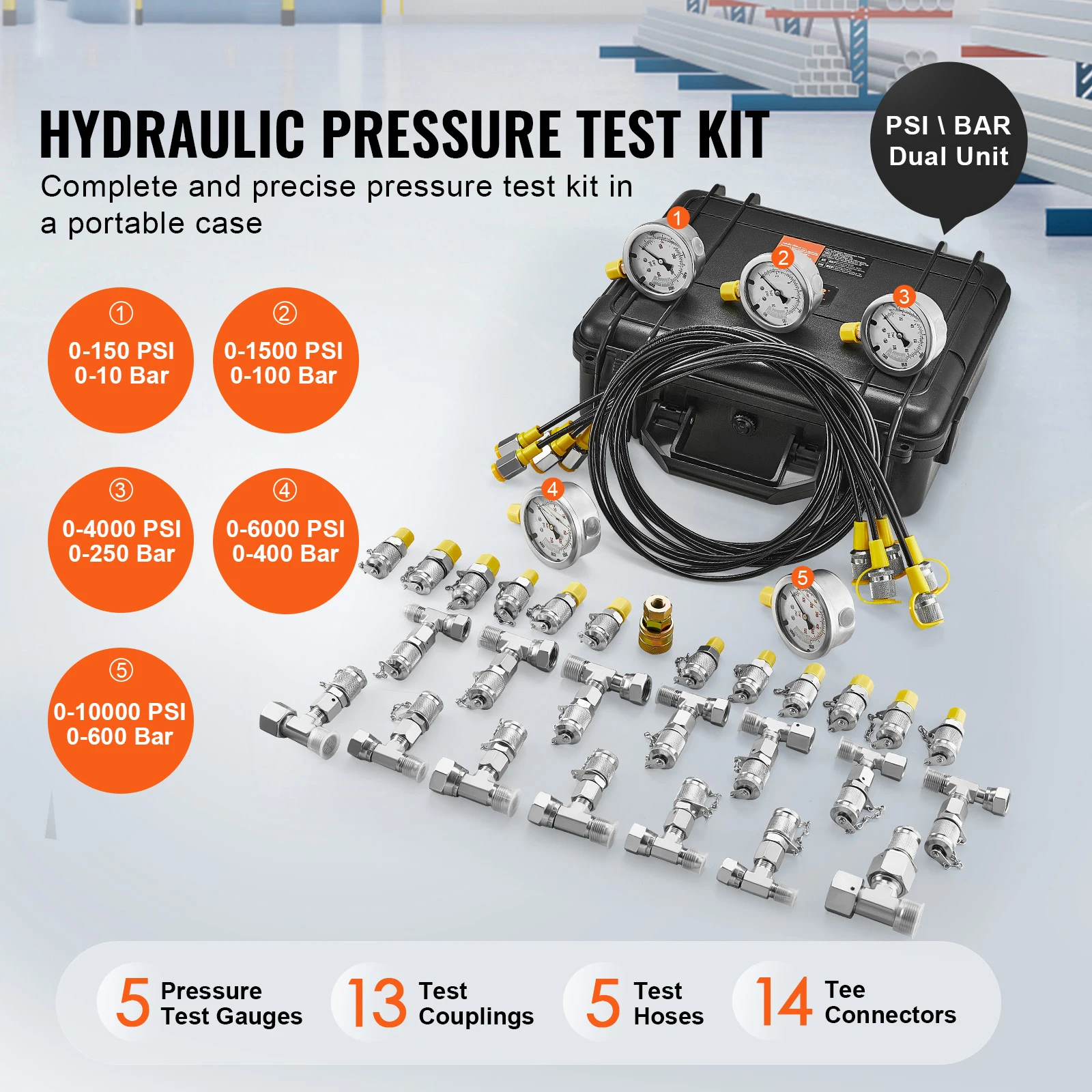 SucceBuy Hydraulic Pressure Test Kit Excavator Hydraulic Test Gauge Set  with Carrying Case for Excavator Tractors Machinery
