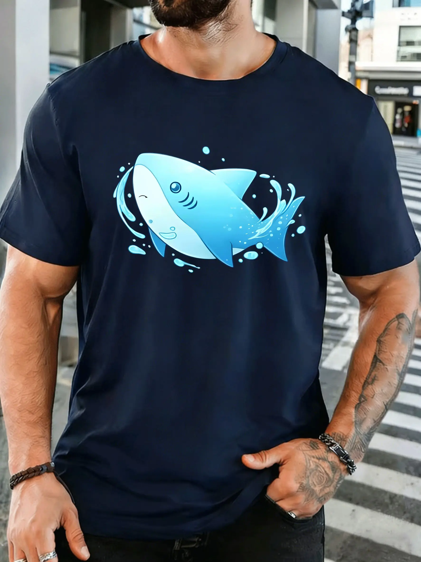 Cute Blue Shark With Water Splash Mens Front Print T Shirt Sea Animal Graphic Tee Casual Short Sleeve Top Ocean Lover Gift