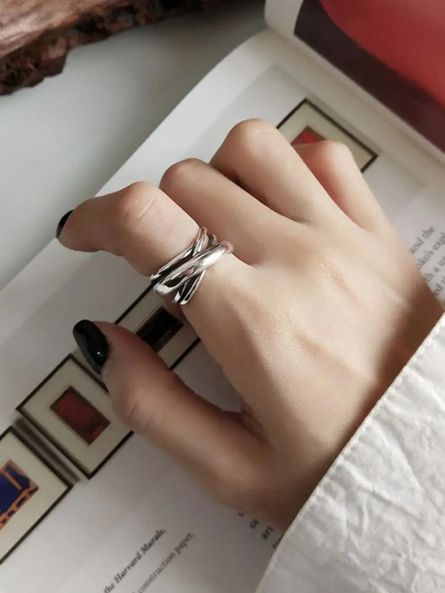 S925 Silver Cross Ring for Women Fashionable Exaggerated Index Finger Ring Multi-layered Multi-ringed Minimalist Style Ring