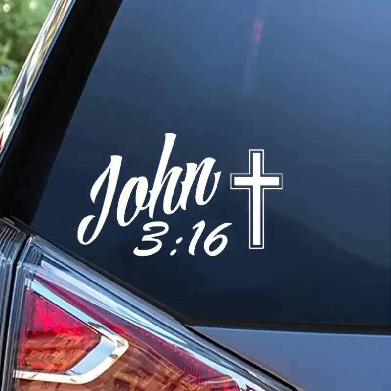ملصق نافذة السيارة لآية الكتاب المقدس 3:16 - ملصق فينيل متقاطع باللون الأسود والأبيض، مادة PVC مقاومة للطقس، ذاتية اللصق