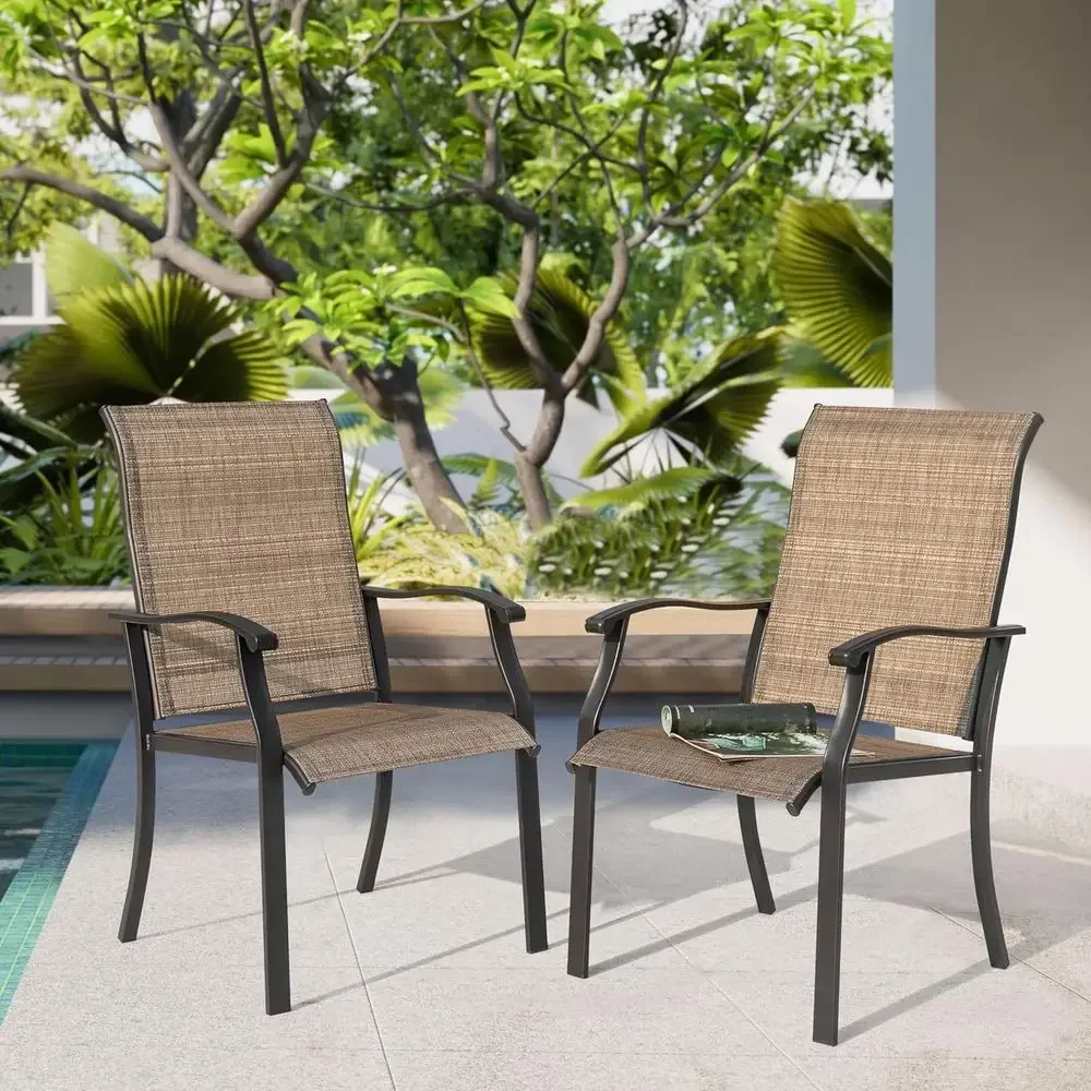 2 High Back Textilene Patio Dining Chairs with Armrests - Suitable for Indoor and Outdoor Use, Iron Construction, Black & Brown