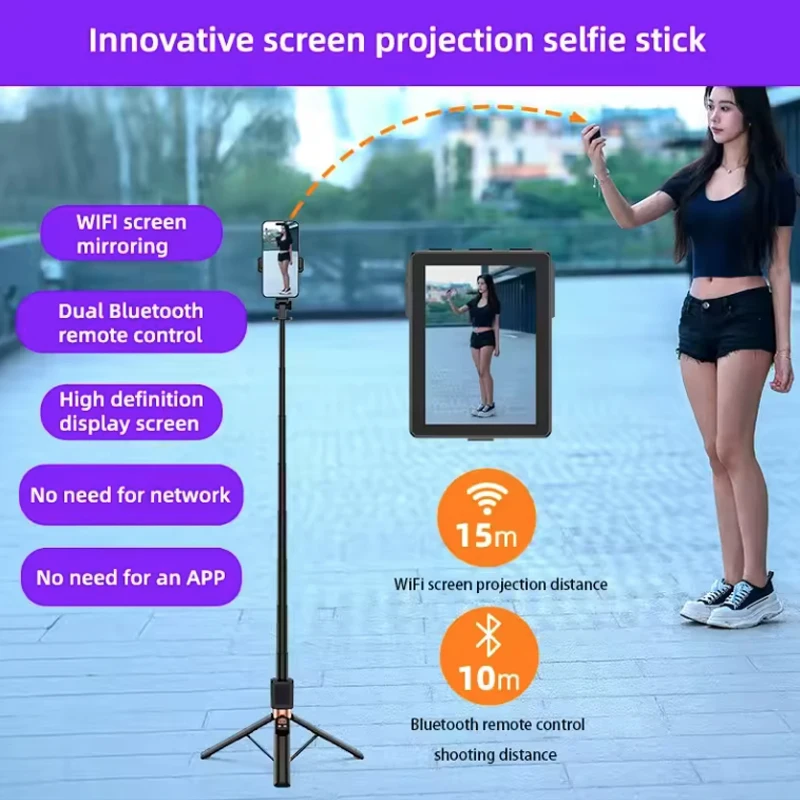 Wireless Selfie Stick Tripod Stand with Small Screen Casting Selfie Monitor Bluetooth Remote Control For Smartphone Selfie