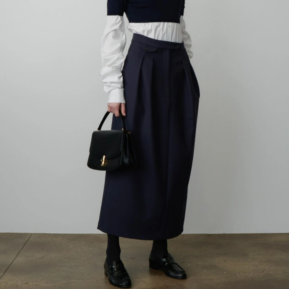 Autumn and Winter New American Style Minimalist Retro High Waist Pleated Commuter Wool Long Ankle Skirt