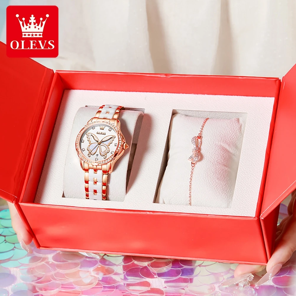 OLEVS Luxury Brand Women\'s Watches Butterfly Dial Original Quartz Watch for Girl Waterproof Luminous Date Bracelet Gift Box 2024