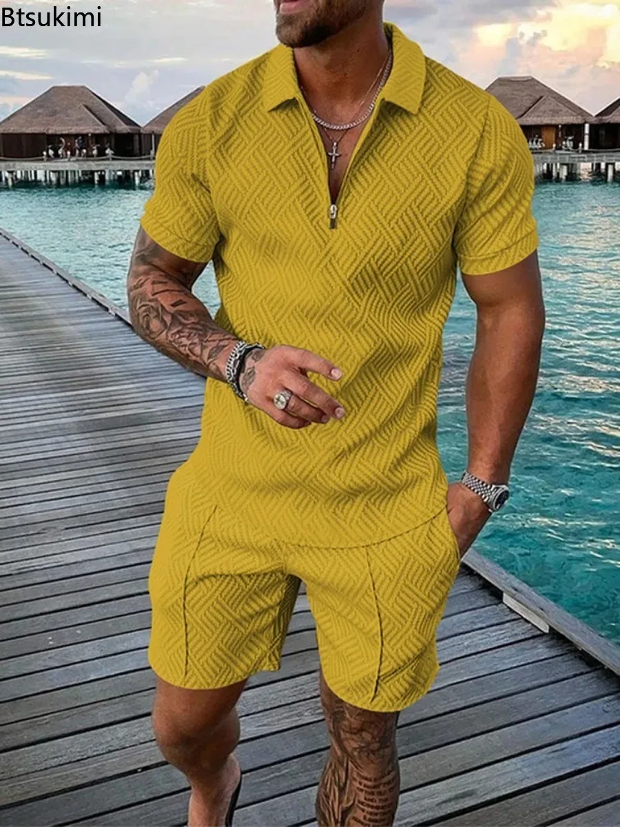 Summer Men Clothing Casual Loose Two-piece Sets Printing Solid Color Half Zipper Polo Shirt and Shorts Men's Sport Suits Sets