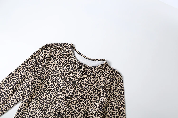 Weird Puss Leopardenmuster 2-teiliges Set für Damen, einreihig, O-Ausschnitt, langärmeliges Crop-Top + elastische Taille, eng anliegendes kurzes Street-Anzug-Set – Detail 6