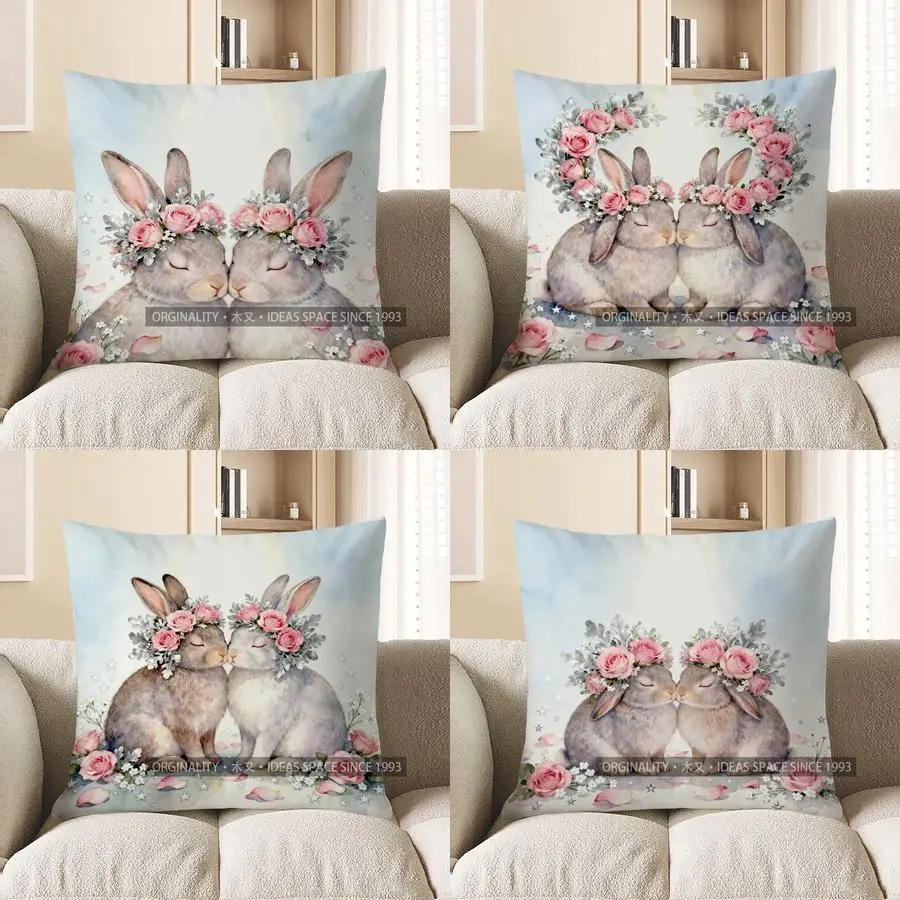 

2D два спальных кролика с цветочными коронами, чехол для подушки, подходит для дивана, спальни, автомобиля, наволочка
