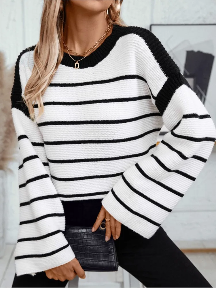 

Woman's Autumn Winter Leisure Knitted Pullover Fashion Color-blocking Stripes O-neck Loose Sweater Ladies Warm Office Sweaters