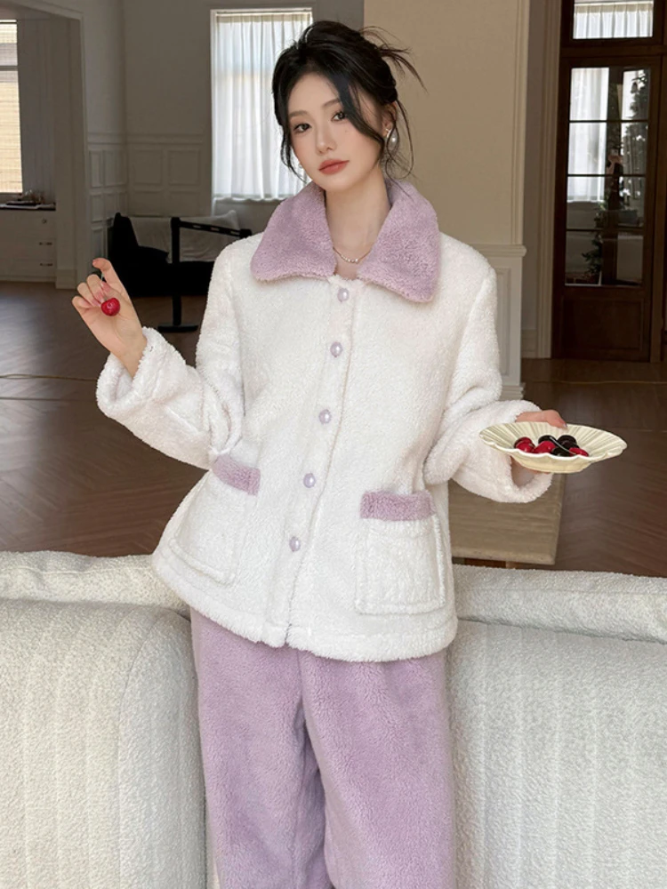 French Style New Autumn Winter Warm Pajamas Fashion Exterior Thick Double-Sided Arctic Velvet Outer-Wearing Home Clothes Women