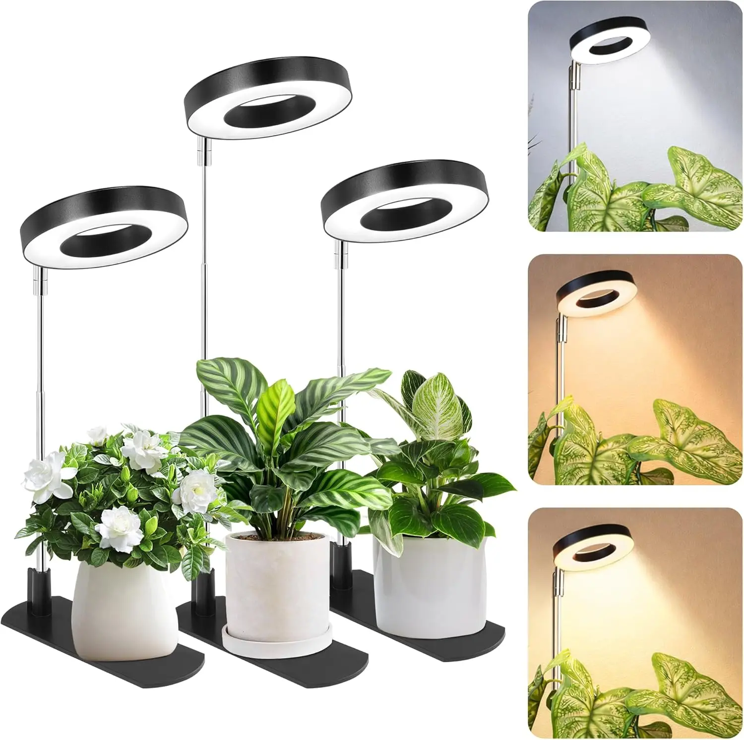

Full Spectrum Grow Light for Indoor Plants, 3 Colors, 5 Brightness, Auto Timer 6/8/12/16H, Height Adjustable, 3 Packs