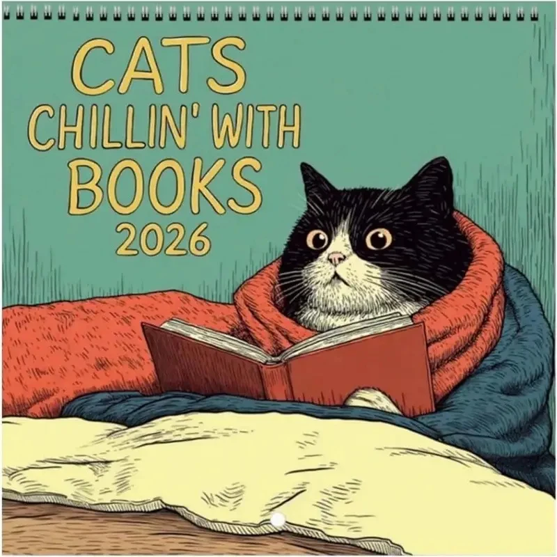 2026 Cat Wall Calendar, Cats Relaxing with Books, Funny Cat Calendar, Gift for Book Lovers, Unique Home Decor, Cute Cat Art