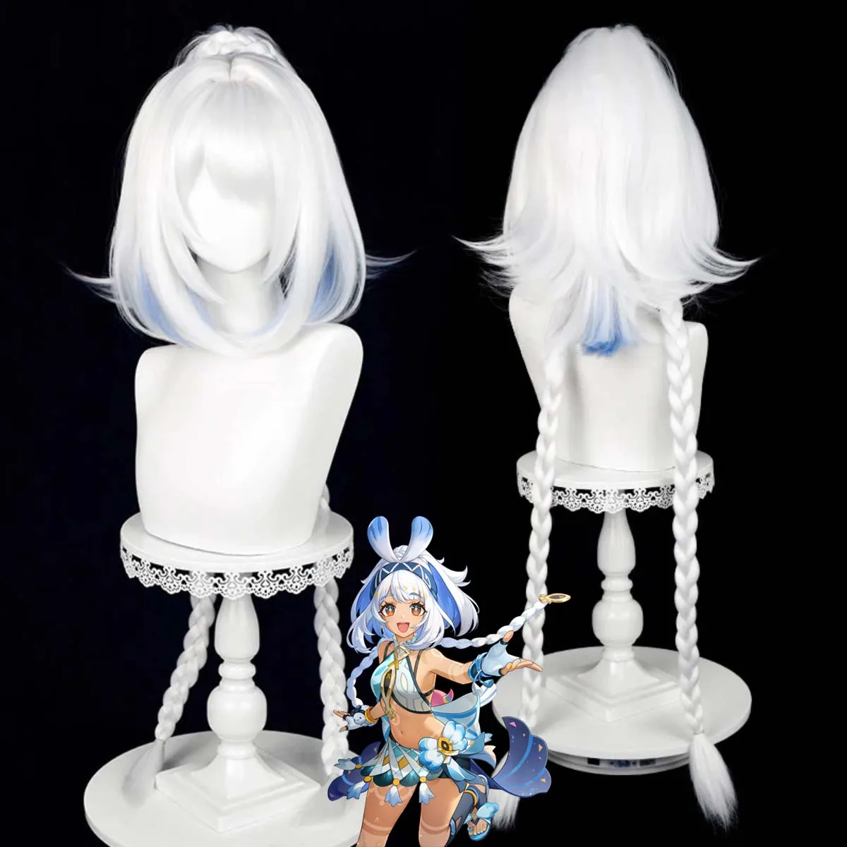 

Genshin Impact Mu ert Косплей Серебристый Микс Синий Двойные Косы Длинные Волосы Парик