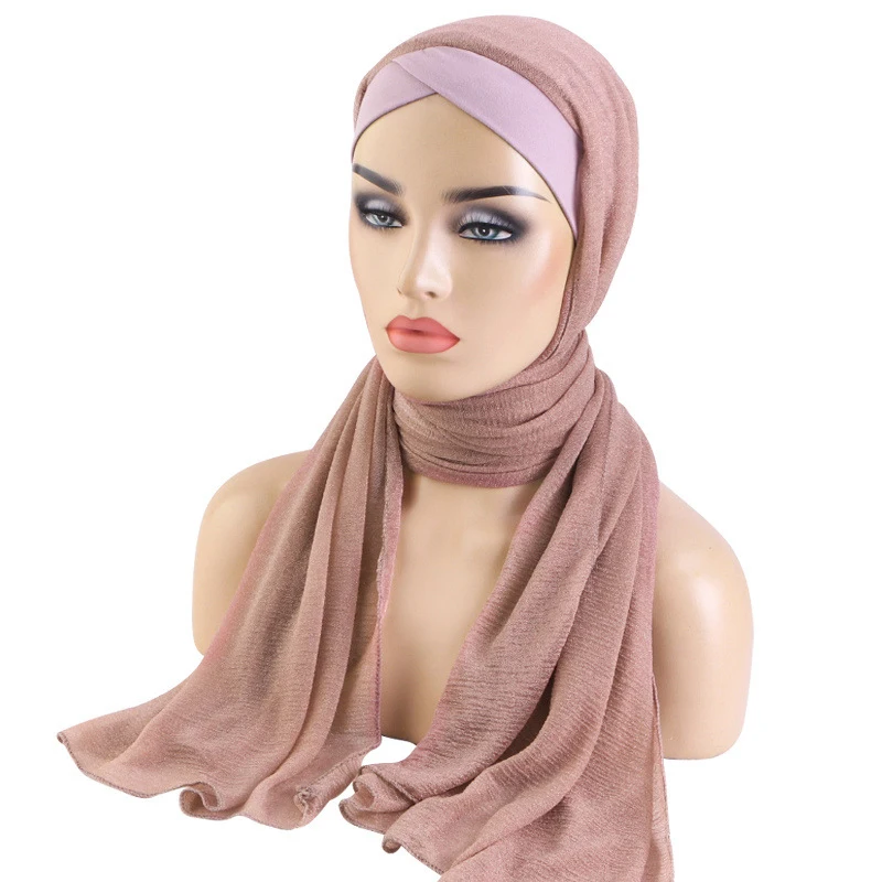 Muslim Women's Hijab Strapped Long Headscarf Forhead Cross Solid Color Comfortable Pull On Women's Shawl Middle Eastern Hijab