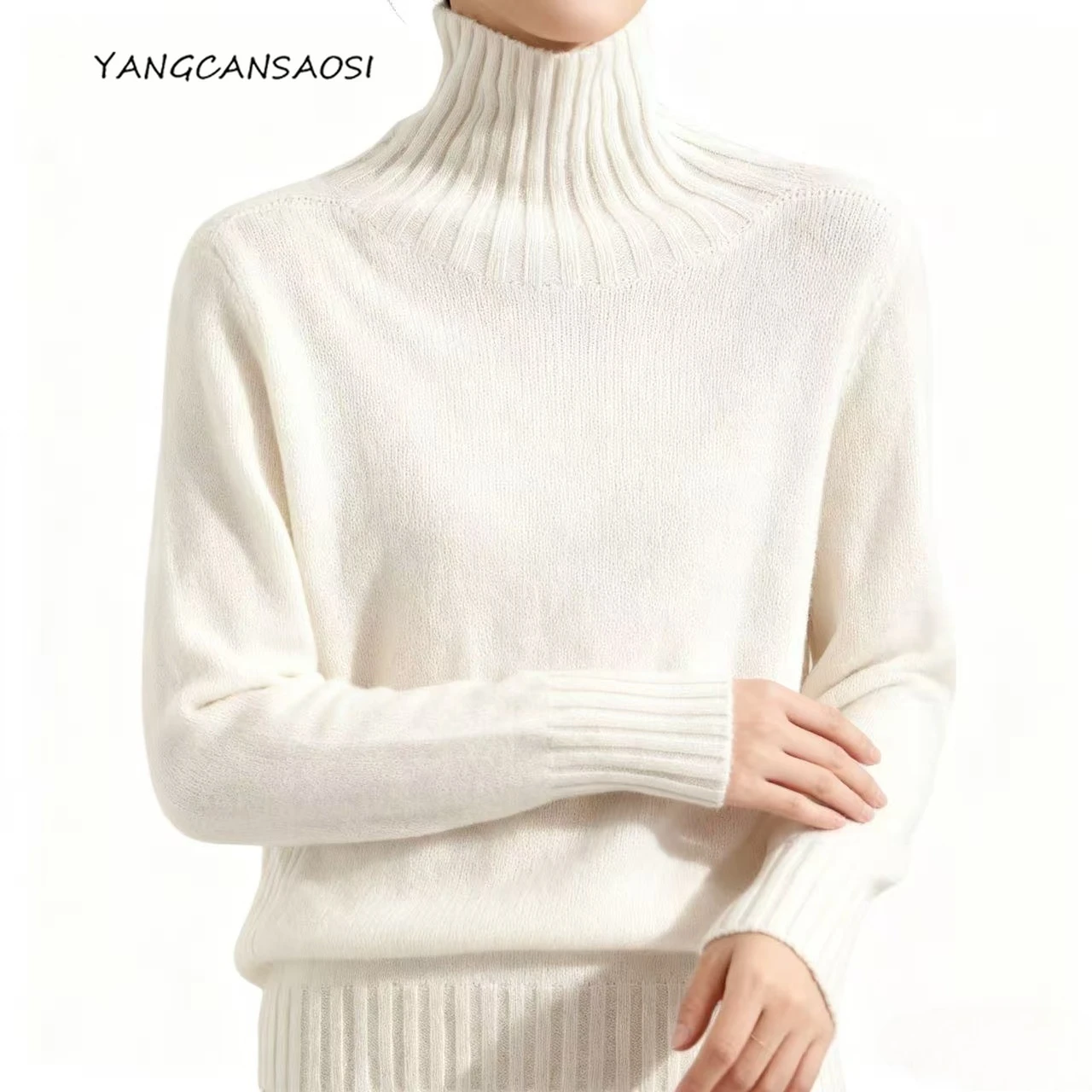 

Women's Autumn/Winter New First Line Ready To Wear Seamless 100% Wool High Collar Solid Color Long Sleeve Hooded Knitted Sweater
