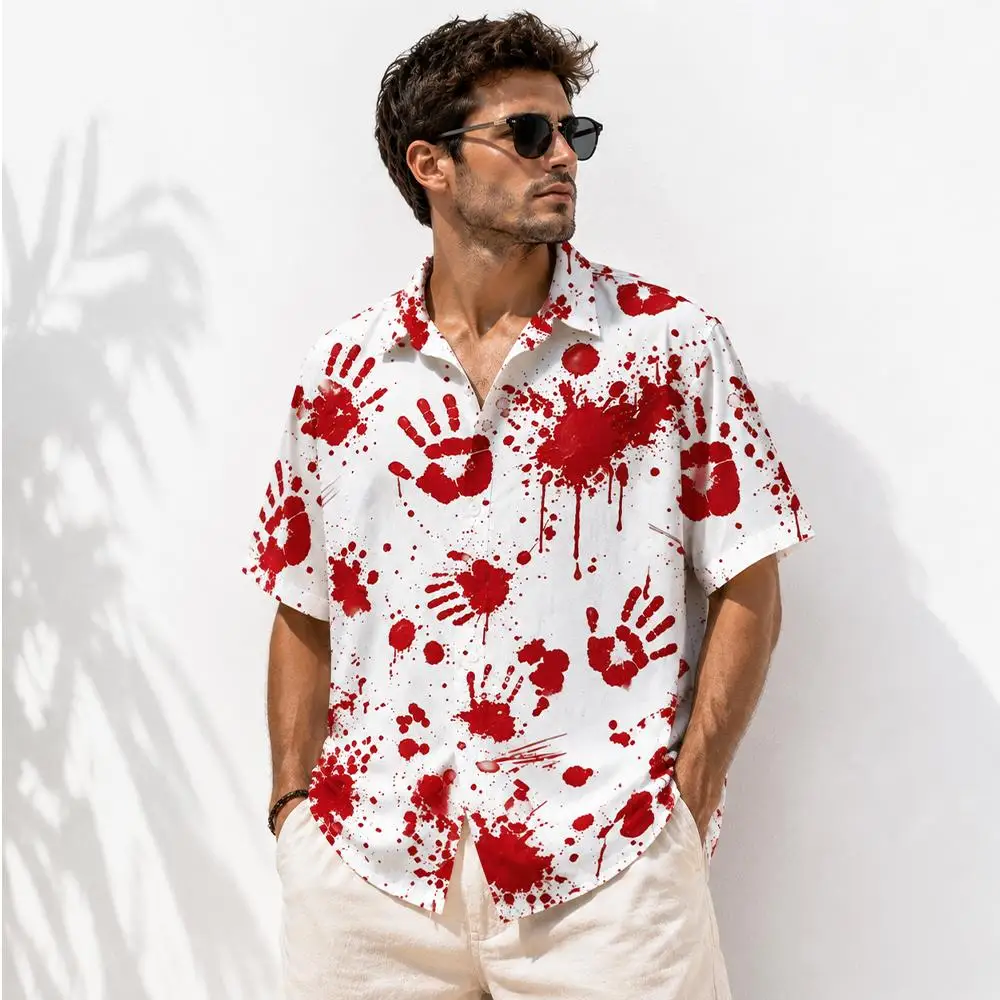 Men's Cotton Horror Shirt Halloween Hawaiian Shirt Loose Fit Short Sleeve Graphic 3D Print Button Up Casual Party Costume Top