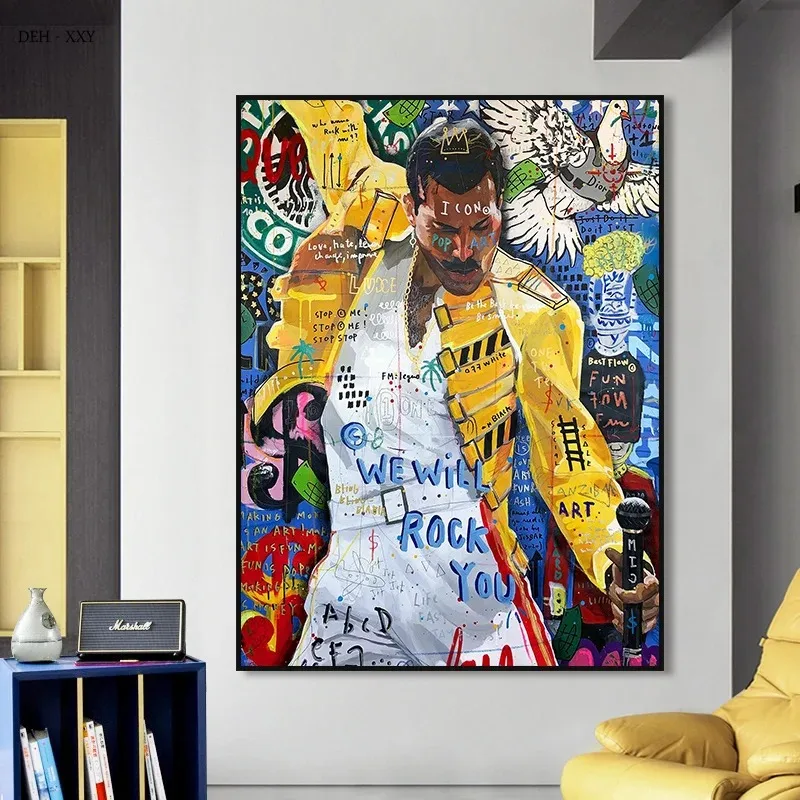 Cantante Freddie Mercury Pop Art lienzo pintura calle Graffiti pared arte póster imágenes Cuadros Mural para sala de estar decoración del hogar