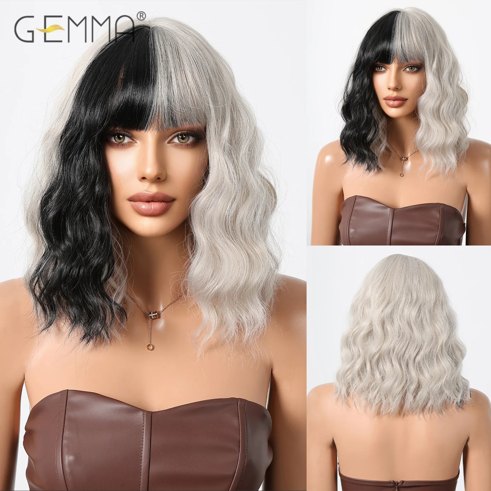 

Black and Ash Gray Blonde Bob Wig Synthetic Short Curly Cosplay Wig with Bangs for Women Heat Resistant Halloween Party Hair Wig