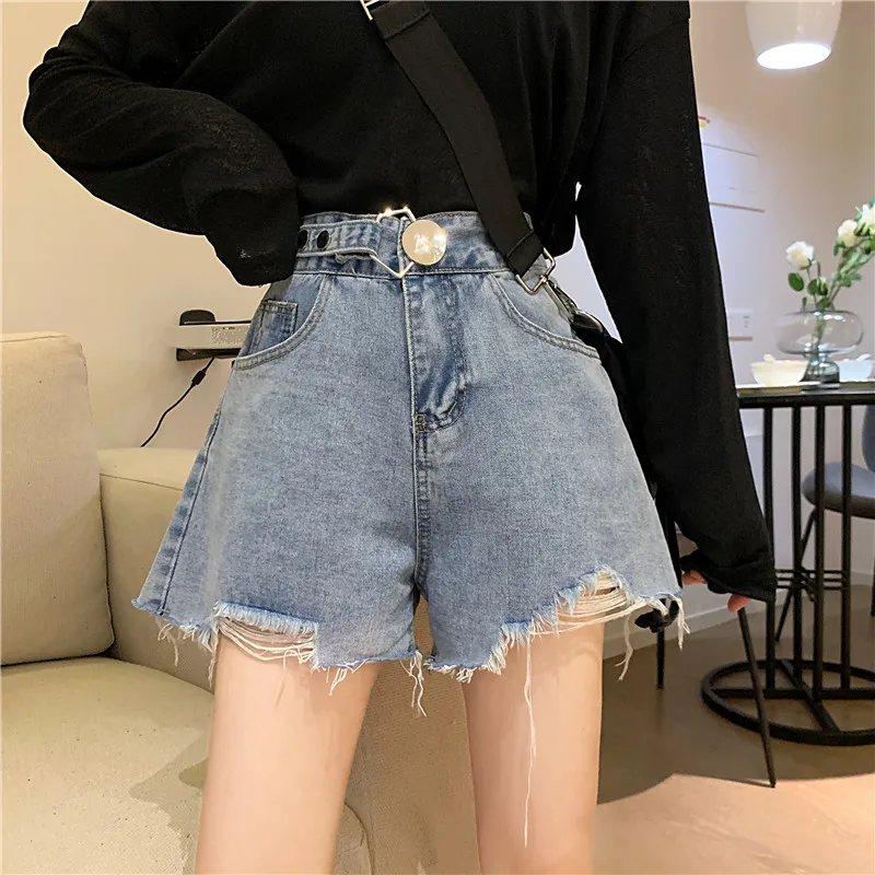 

2024 Summer Women Fashion Ripped Holes Shorts Jeans Female High Waist Denim Shorts Ladies Casual Wide Leg Short Pants H122