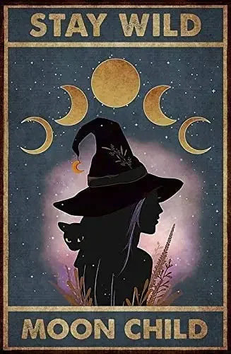 Stay Wild Moon Child Witch and Cat Halloween Tin Sign Retro Style Miller Beer Bar Den Halloween Painting Metal