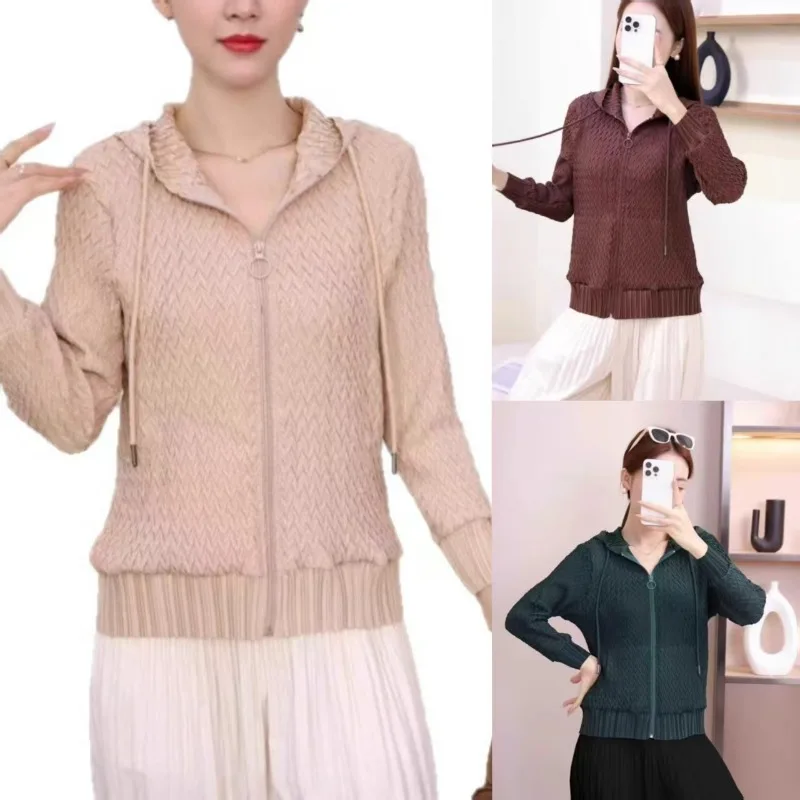 

Плиссированная куртка Miyake, осень 202, толстовка с капюшоном, женский простой повседневный кардиган, топ, дизайн, плиссированная узкая куртка на молнии