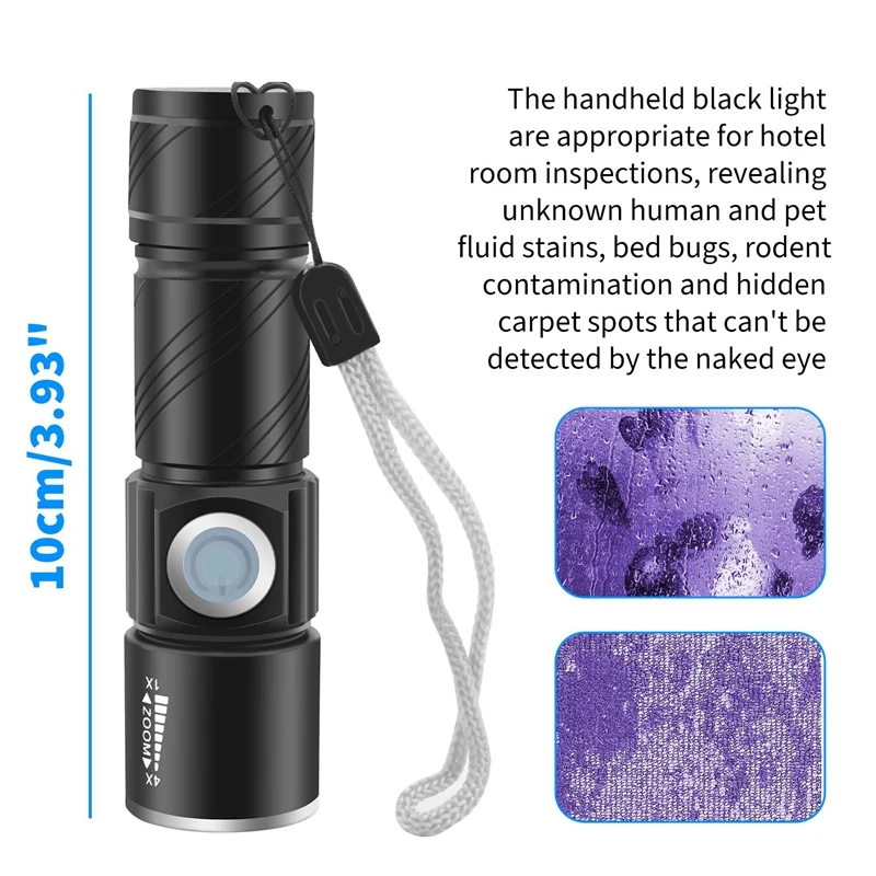 395Nm UV Light Flashlight Blacklight USB Rechargeable LED Flashlight Waterproof Inspection Pet Urine Torch Lamp
