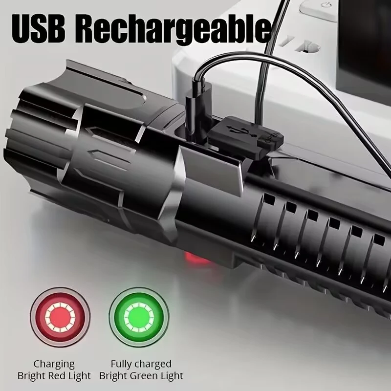 USB Powerful Flashlight Torch Super Bright Rechargeable Zoom LED Portable Water Proof Torch Built-in Battery Outdoor Camp Lamp