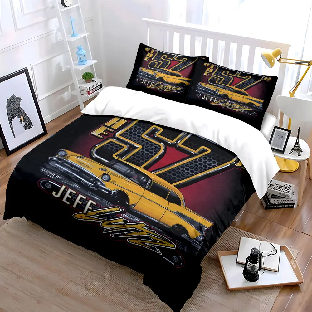 Yellow classic car graphic design Print Bedding Set 1 Duvet Cover 2 Pillowcases for Adult and Children Luxury Gift Full Size