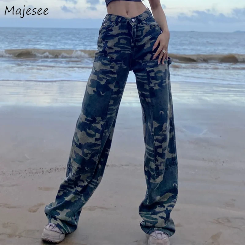 Camouflage Jeans Women American Retro Y2k Streetwear Autumn Baggy Full-length Wide-leg Clothing Harajuku Hipster Chic Teenagers