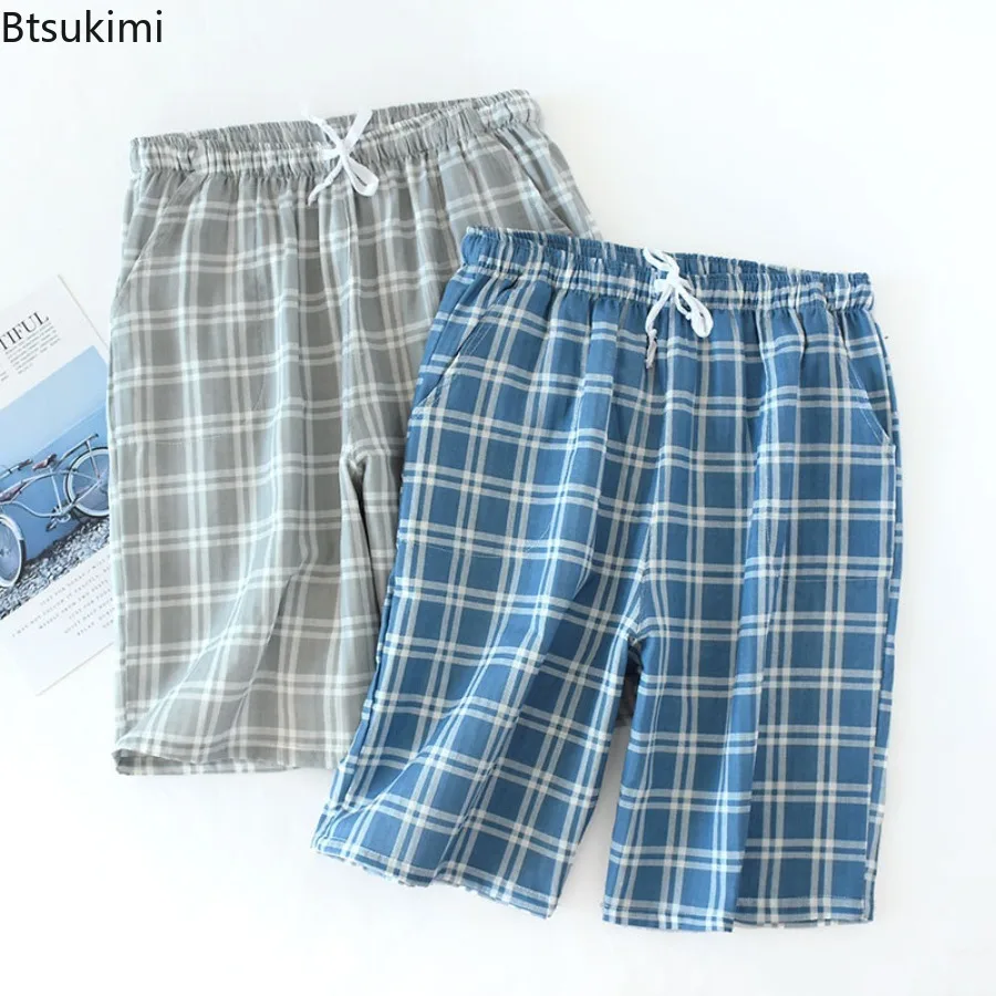 

New 2025 Men's Summer Casual Plaid Shorts for Sleepwear Cotton Loose Soft Sleep Bottoms for Men Loose Five Point Homewear Pants