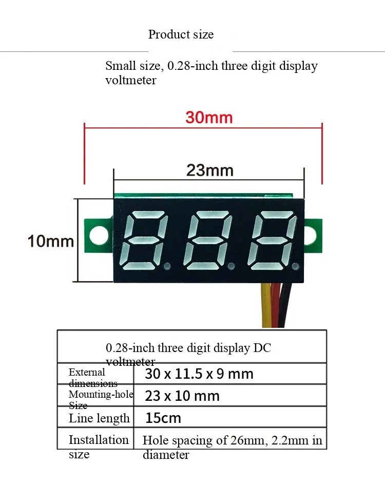 0,28 pulgadas 2 cables 3 cables 2,5 V-30V DC0-100V Mini voltímetro Digital probador de voltaje medidor de pantalla LED rojo/azul/amarillo/verde
