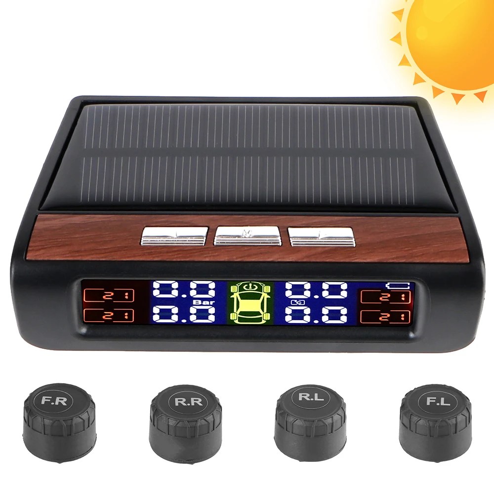 

T12 Tyre Pressure Alarm With 4 External Sensors Car Tire Pressure Monitoring System Solar USB TPMS 0-3.5Bar